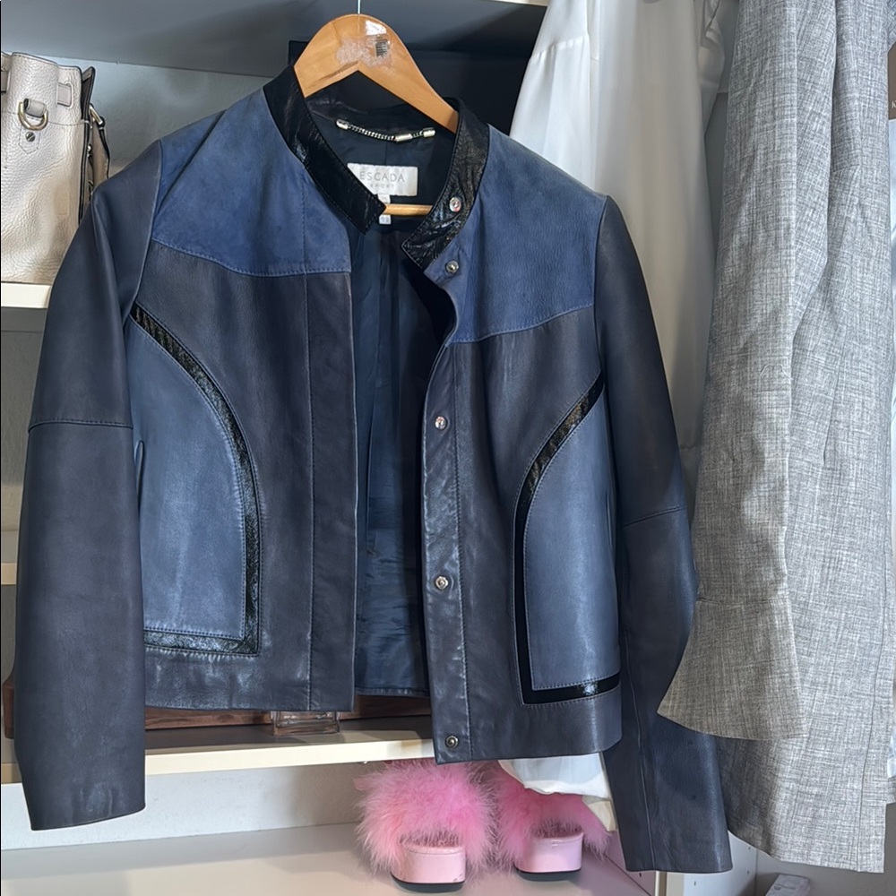 Escada Blue and Black Leather Jacket Contemporary Design